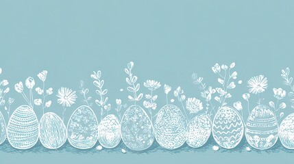 Light Blue Easter Background with Decorated White Eggs and White Floral Pattern Festive Spring Season Template for Print or Web Banner Design