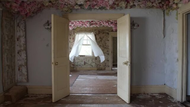 An evocative interior scene captures an abandoned room, presenting a striking visual paradox between decay and artificial beauty. The ceiling is densely covered with a whimsical canopy of delicate art