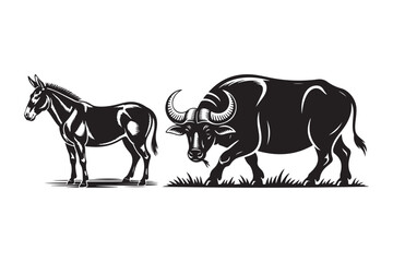 Silhouette of a donkey and a gaur or bison in a field