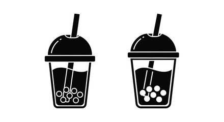 Simple black and white illustration of two bubble tea drinks with straws