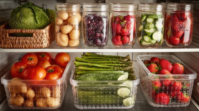 Organized Refrigerator with Fresh Produce in Glass Jars