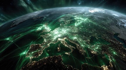 Europe at Night with Glowing Digital Network Connections