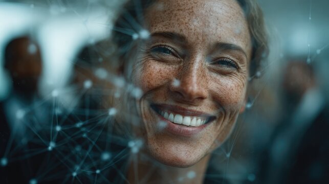Smiling Woman with Freckles Behind Futuristic Digital Network Overlay