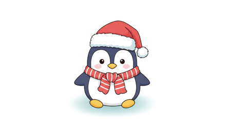 Kawaii-style vector penguin wearing a Santa hat, soft pastel palette.