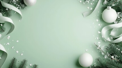 White 3D Christmas ornaments, shimmering confetti and ribbons create elegant frame on pastel green background with decorative fir branches. Copy space festive winter top view background.