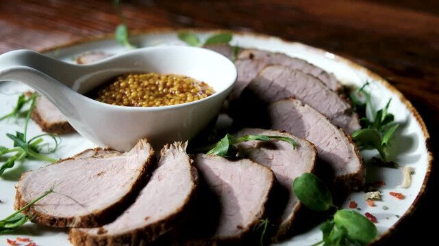 Sliced pork pastrami with a French baguette. The sausage is on a retro-style cooking tray and on food paper. Slow motion filming on the slider. We also use fresh lettuce leaves. High quality 4k