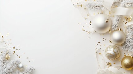 Golden and silver 3D Christmas ornaments, shimmering confetti and ribbons create elegant frame on white background with decorative fir branches. Copy space festive winter top view background.