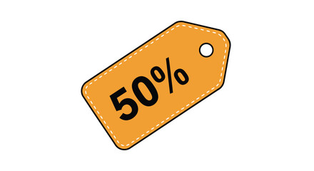An orange price tag displays a bold fifty percent offer symbol