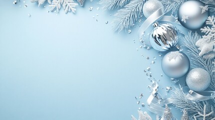 Silver 3D Christmas ornaments, shimmering confetti and ribbons create elegant frame on soft blue background with decorative fir branches. Copy space festive winter top view background.