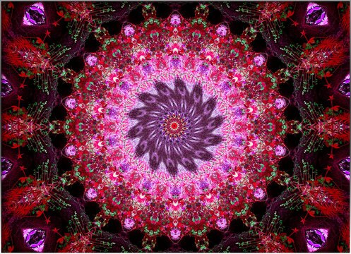 A mandala of dazzling intricacy radiates from within, its luminous colors casting a spell of symmetry.

