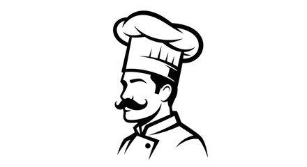 Black and white profile illustration of a professional male chef with a mustache.