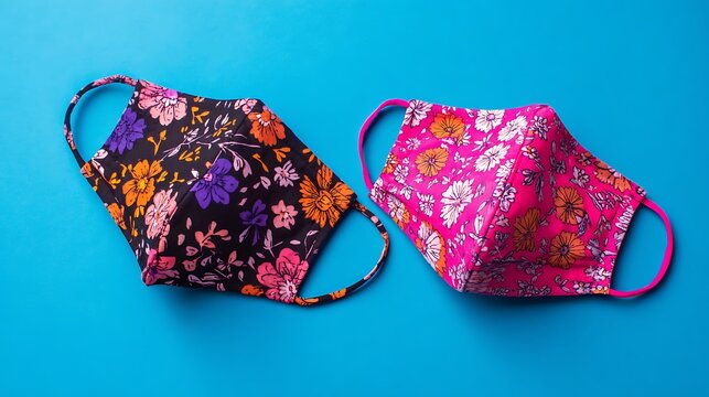 flat lay design of black and pink colorful fashion face mask handmade from fabric cloth on blue background. - Powered by Adobe