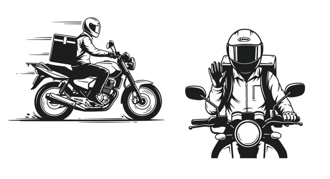 Motorcycle delivery riders in black and white showcasing rapid food transport