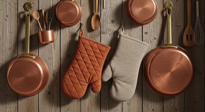 Oven mitts hanging beside copper pans on rustic wooden wall background