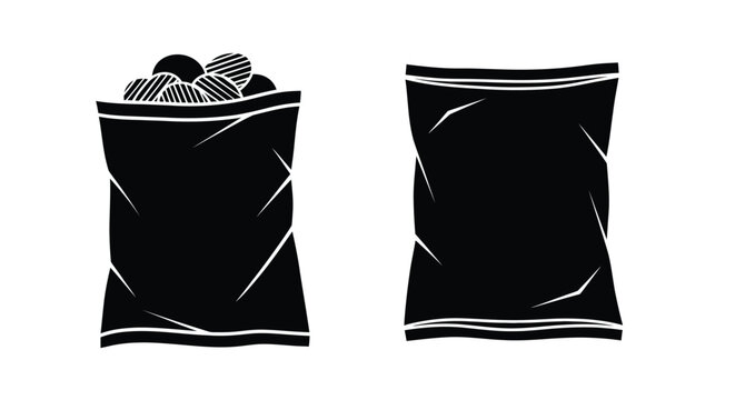Black and white illustration of potato chip bags one full and one empty