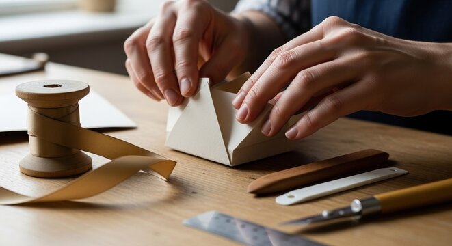 Artisan hands folding paper box beside ribbon spool on wooden table, creative crafting process
