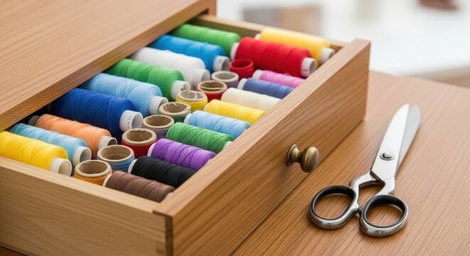 Colorful thread spools neatly arranged in open wooden drawer with sewing scissors nearby, organized crafting space - Powered by Adobe