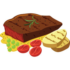 Pixel Art Steak Dinner With Grilled Bread Cherry Tomatoes and Peas on a Yellow Surface