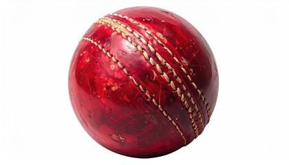 Worn, red cricket ball with raised seam detail