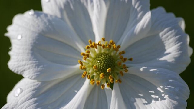 Stunning 4K slow motion macro blooming white petaled flower yellow pollen gently rotating to reveal dew drops glistening symbolizing purity beauty renewal
