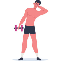 Man with pink dumbbell performing exercise for neck and shoulder on a transparent background in casual wear