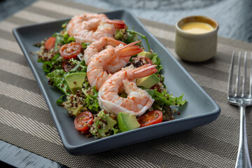 traditional Peruvian food, quinoa salad with prawns