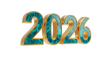 Golden 3d number 2026 with turquoise marble texture isolated on transparent background
