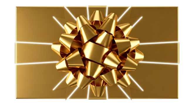 Golden gift box with shiny star bow isolated on transparent background