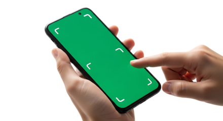 Hand holding smartphone with green screen for mockup isolated on transparent background