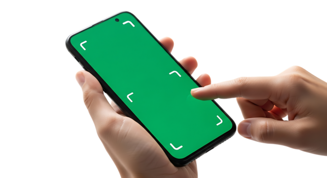 Hand holding smartphone with green screen for mockup isolated on transparent background