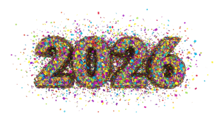 Colorful confetti number 2026 isolated on transparent background