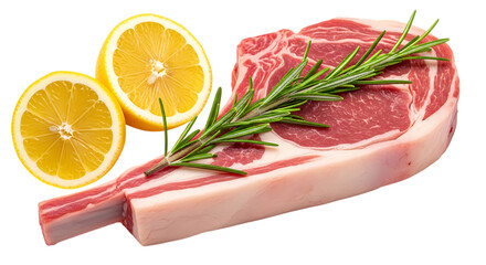 Raw lamb chop with rosemary sprig and lemon slice isolated on transparent background