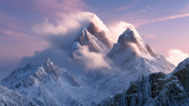 Snow-capped peaks pierce dramatic clouds under a soft purple and pink sky. The rugged, icy landscape evokes pristine grandeur, serene beauty, and power. Ideal for nature, adventure, travel, or aspirat
