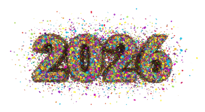 Colorful confetti number 2026 isolated on transparent background