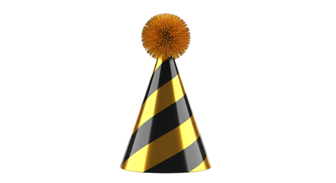 Black and gold striped party hat with orange pom pom isolated on transparent background - Powered by Adobe