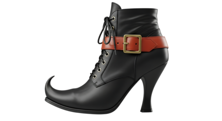 Black witch boot with pointed toe and orange buckle isolated on transparent background