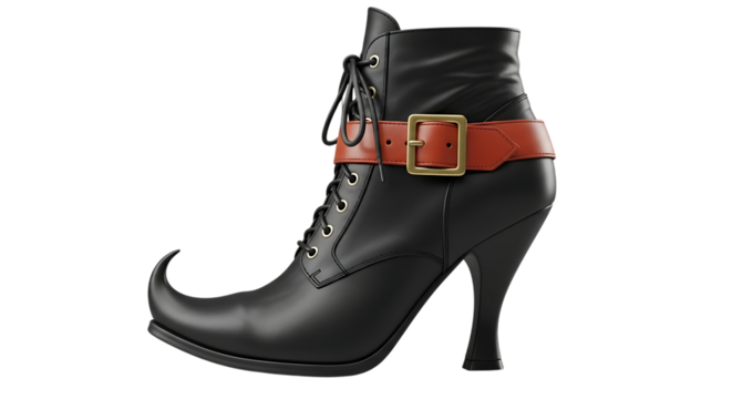 Black witch boot with pointed toe and orange buckle isolated on transparent background