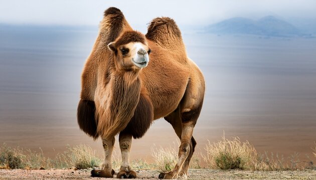 Isolated Bactrian Camel Standing On A Plain Surface An Even Toed Ungulate Native To Central Asia