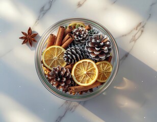 Christmas decoration with pine cones, cinnamon sticks, dried orange slices and star anise