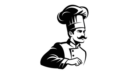 Monochrome Illustration of a Chef with a Tall Hat and Moustache.