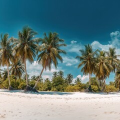 Obraz premium Beautiful Tropical Beach Banner With White Sand, Coco Palms, And Wide Panoramic Travel Landscape