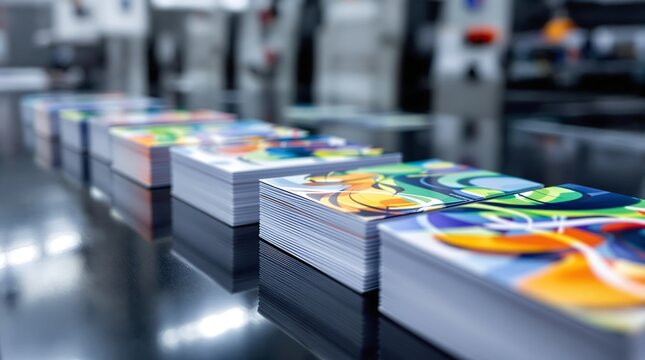 Close-up of freshly printed colorful brochures on a conveyor belt