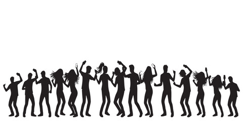 lBlack silhouettes of many people at a party, holding mobile phones. Vector illustration on a transparent background.