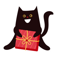 Smiling black cat holding a red gift box. Vector for holiday cards, posters, packaging, children's designs, stickers.