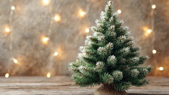This charming video showcases a small, beautifully textured evergreen tree, delicately flocked with a light white dusting, standing gracefully on a rustic wooden surface. The background is artfully bl