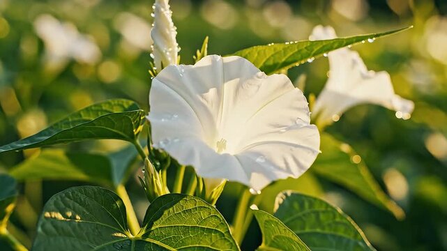 Delicate White Morning Glory Flower Bathed in Warm Sunlight.