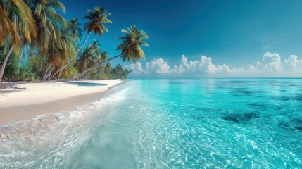 Naklejka premium Holiday Travel Concept Landscape Featuring Sunny Blue Sky, White Beach, And Tropical Palm Trees