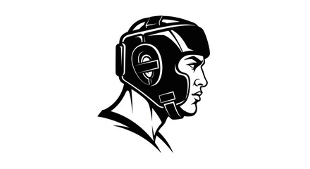 Boxer in profile wearing protective headgear ready for competition and training.