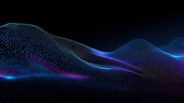 Abstract Digital Landscape of Blue and Purple Particles on Black Background with Subtle Illumination Creates a Futuristic and Technological Ambiance