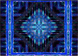 A symmetrical design features intricate patterns with a predominant blue color scheme. The central focus creates a kaleidoscope-like effect.